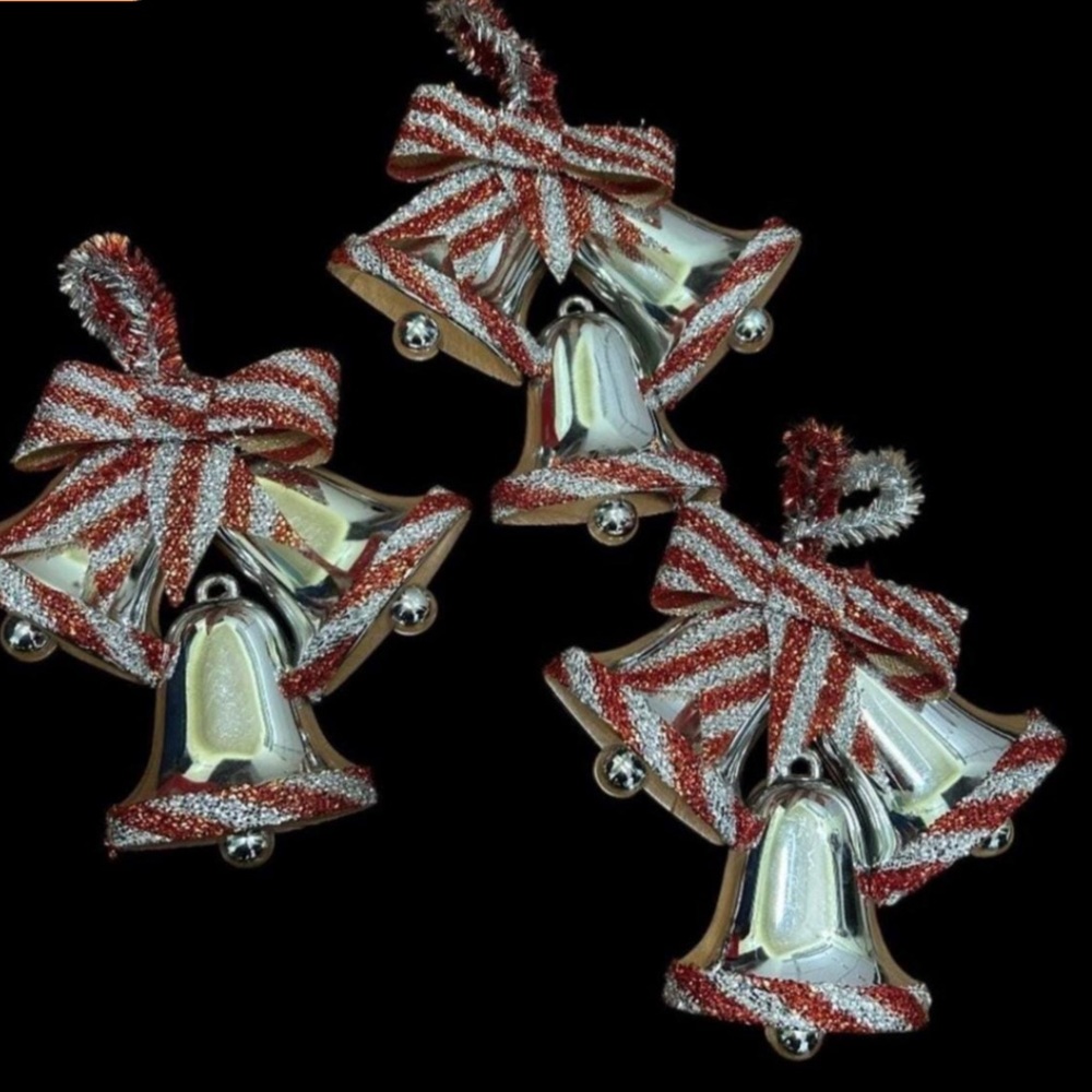 Vintage 1970s Silver Plastic Tinsel Bell Hanging Ornament Plaque Set of 3